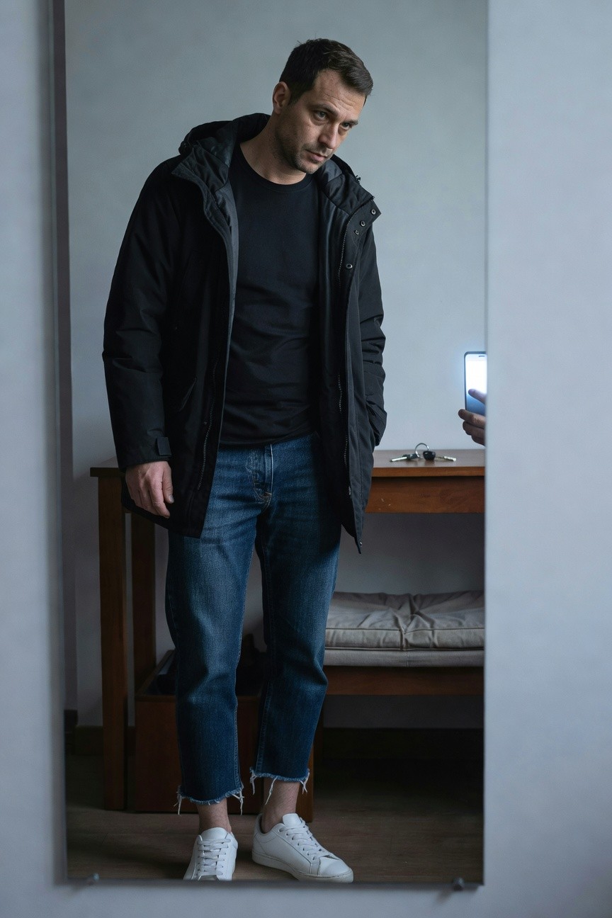 Man in black hooded puffer parka worn open over black t-shirt, medium blue cropped frayed jeans, and white sneakers, mirror selfie style