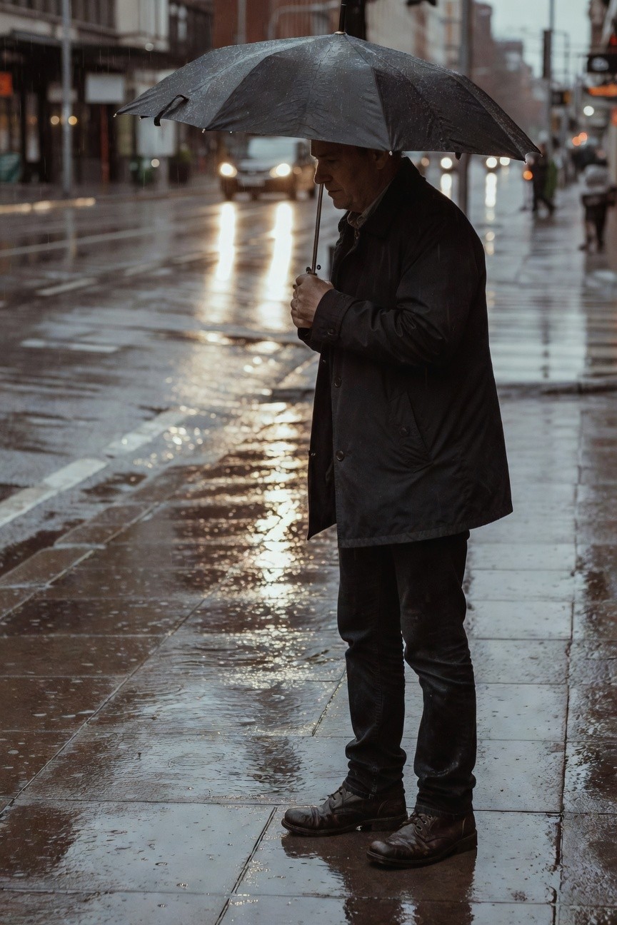 Side profile of a man in dark slim jeans, black mid-length coat, leather boots, holding a black umbrella, standing on a wet sidewalk with blurred urban background