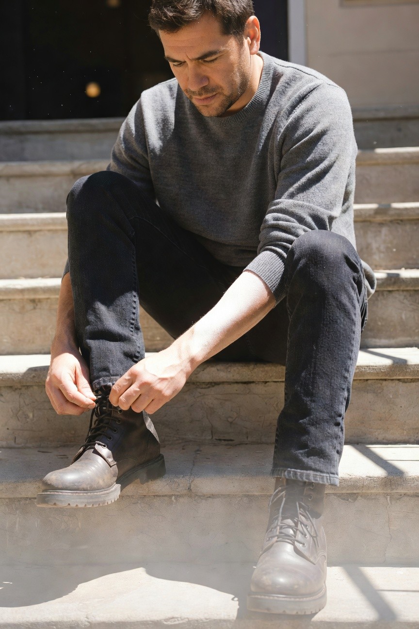 Man sitting on stone steps tying the laces on rugged black leather boots while dressed in slim dark jeans and a soft gray crewneck sweater