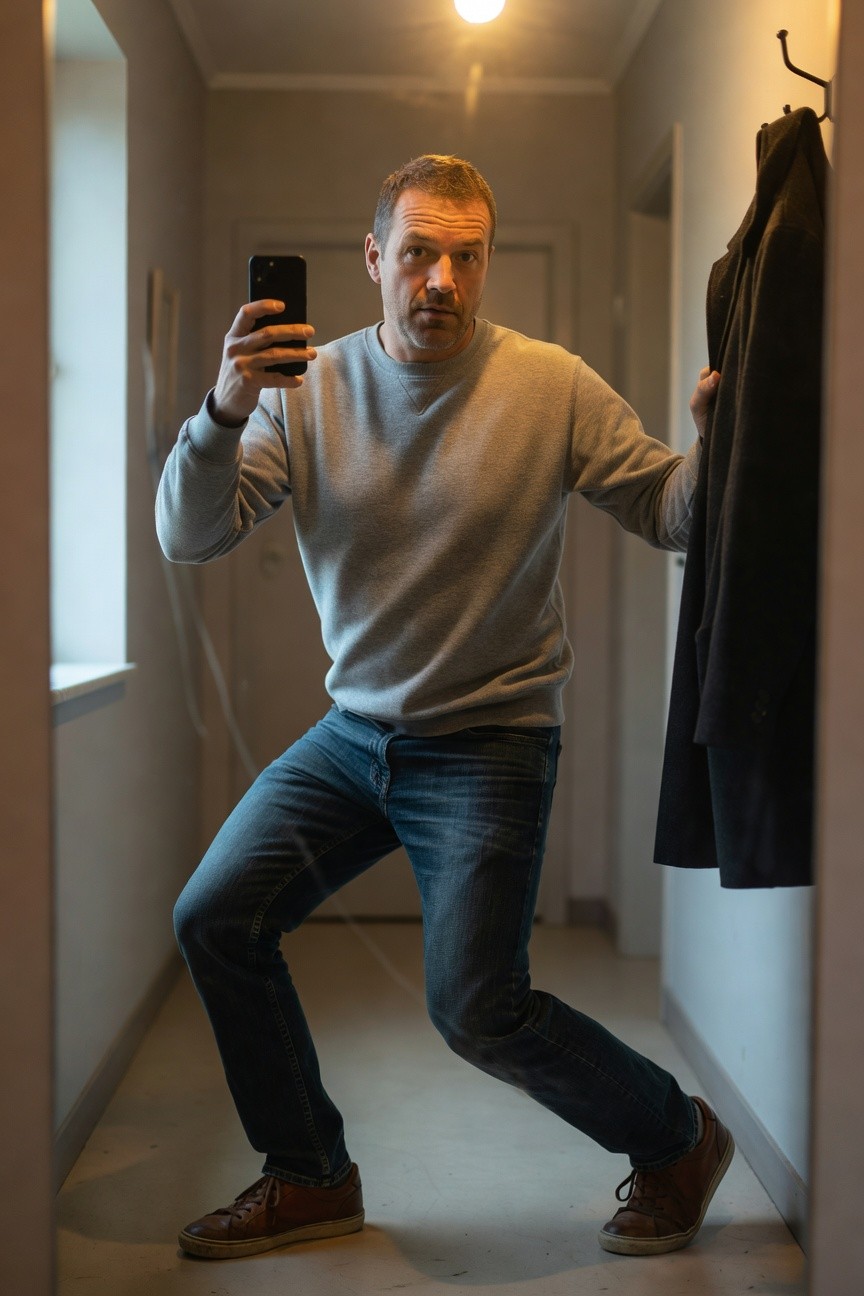 Man in light gray crewneck sweatshirt, medium blue slim-fit jeans, and brown leather sneakers taking a selfie while holding a dark coat in a hallway