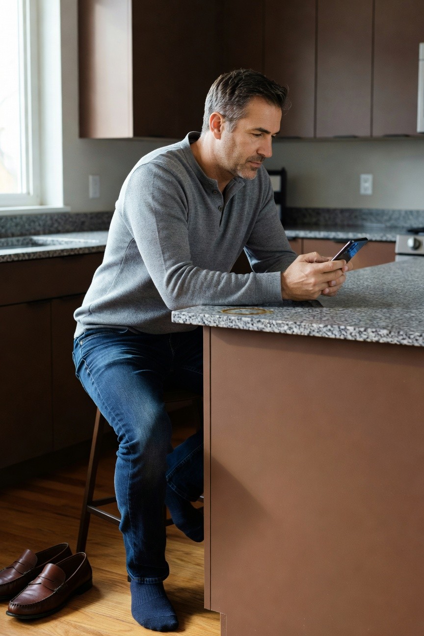 Man in his 40s sitting on a kitchen stool wearing a gray long-sleeve polo sweater, dark blue jeans, dark socks, and brown loafers placed on the floor nearby, holding a smartphone while leaning on a granite countertop