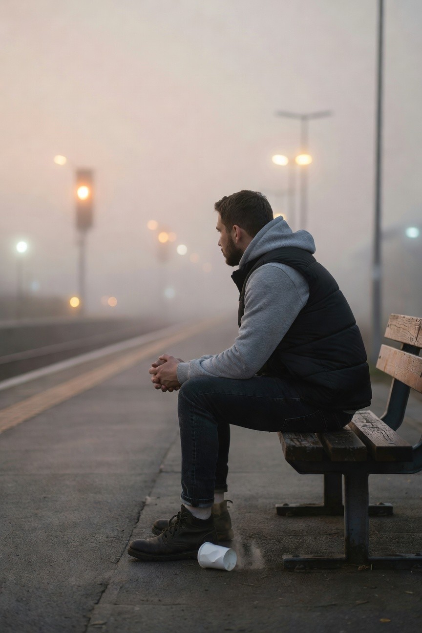 Man in grey hoodie under black puffer vest, dark blue jeans, brown leather boots, sitting with hands clasped, casual layered outfit