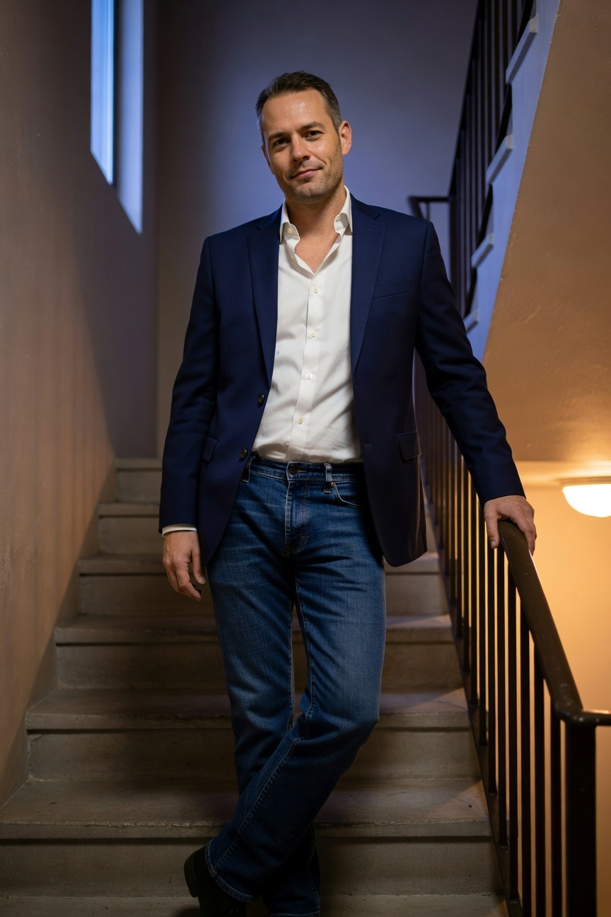 Man in navy blazer, open white collared shirt, blue jeans, and dark shoes posing casually on indoor stairs