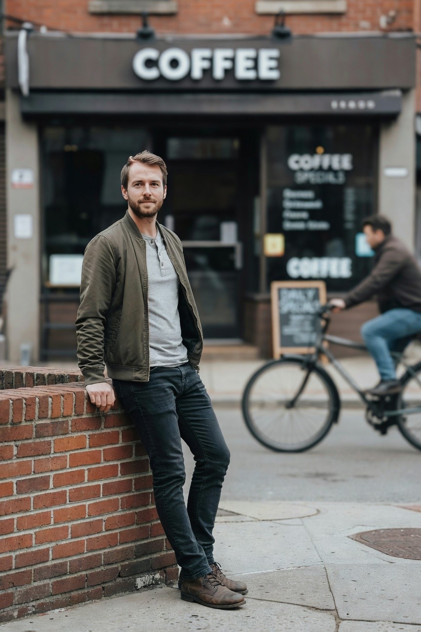 Man leaning against brick wall in olive green bomber jacket over gray henley shirt, dark slim jeans, and brown leather boots, with blurred coffee shop and cyclist in background