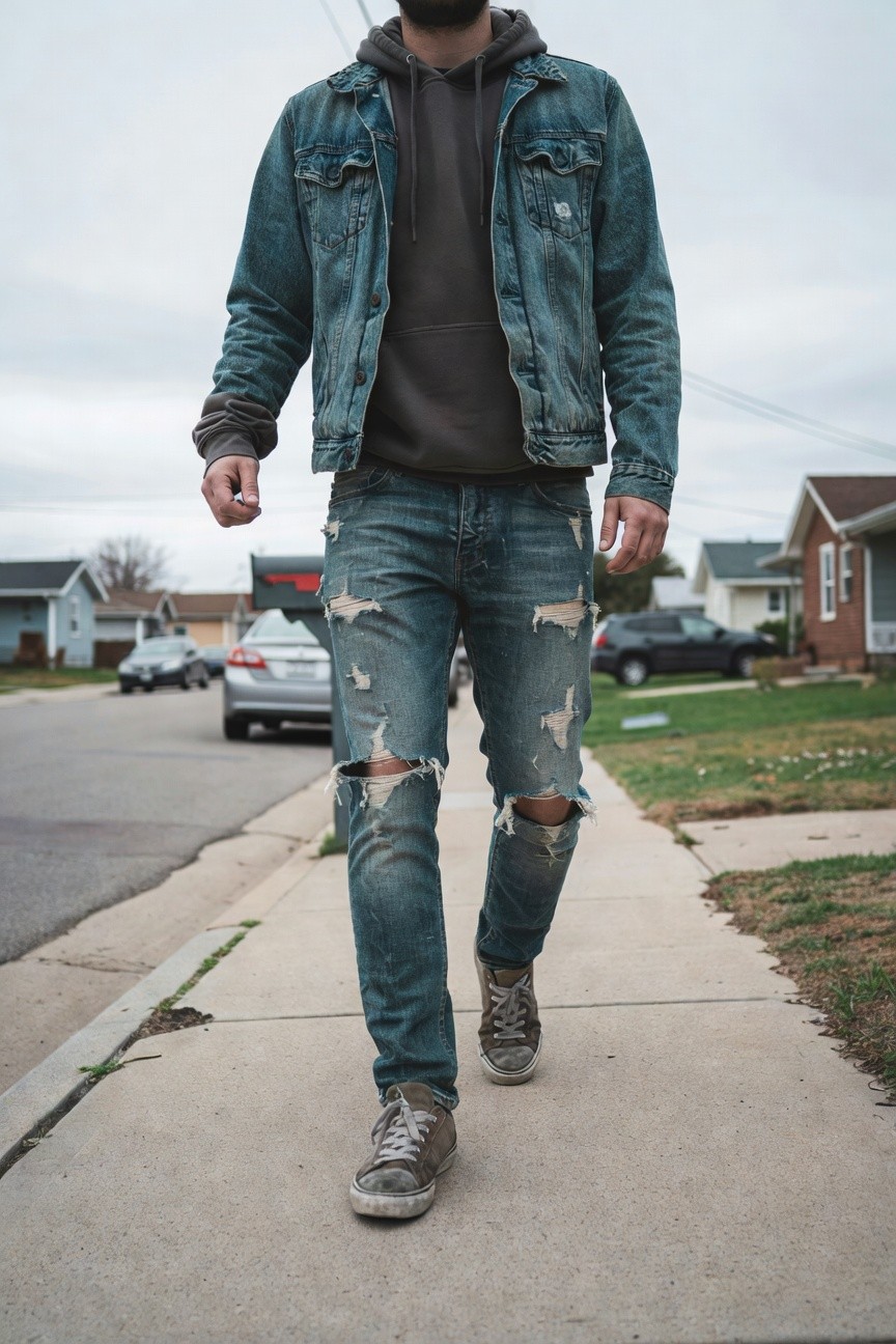 A man walking on a sidewalk in slim ripped blue jeans with large tears at knees and thighs, gray hoodie under an open light blue denim jacket, gray laced sneakers, beard, casual street style