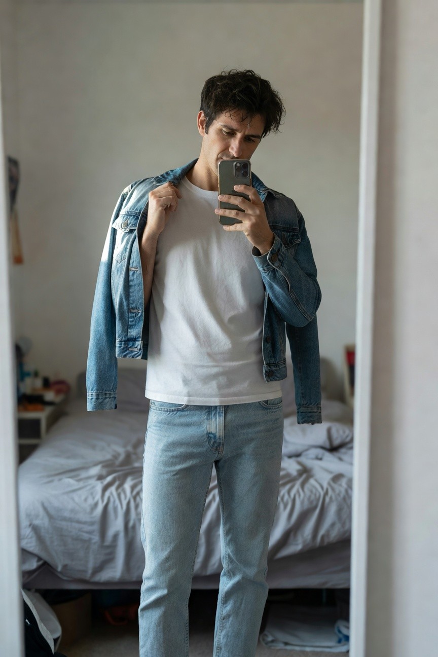 Man in mirror selfie wearing open medium-wash denim jacket over white crewneck t-shirt, light blue straight-leg jeans, silver watch on left wrist, bedroom setting with bed and clothes in background