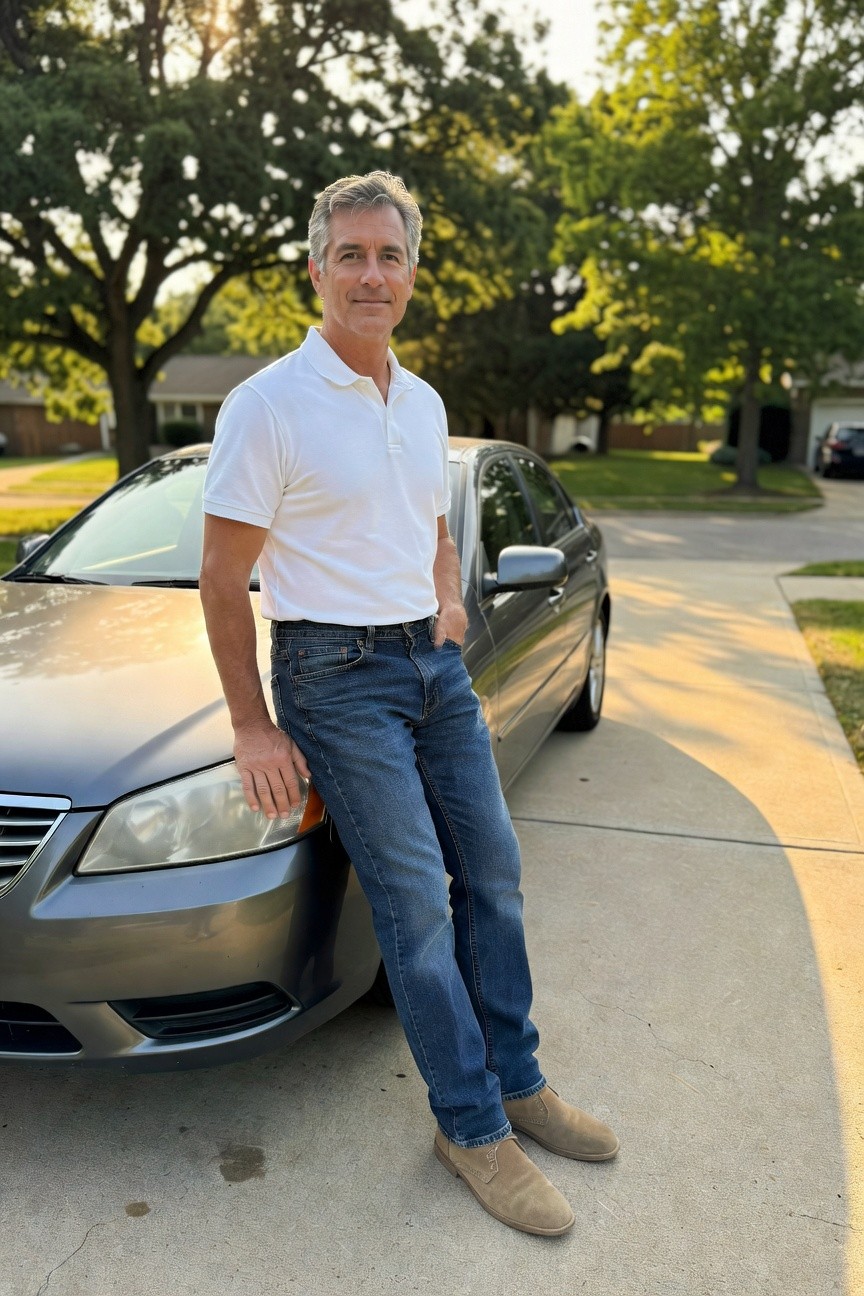 Middle-aged man leaning against a silver sedan wearing a white short-sleeve polo shirt tucked into straight-leg blue jeans with a brown belt and beige suede boots, casual suburban driveway setting