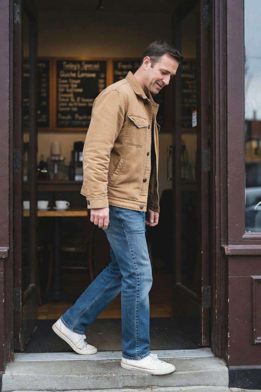 Man in tan corduroy jacket, dark t-shirt, straight blue jeans, and white sneakers walking out of a coffee shop door, smiling sideways