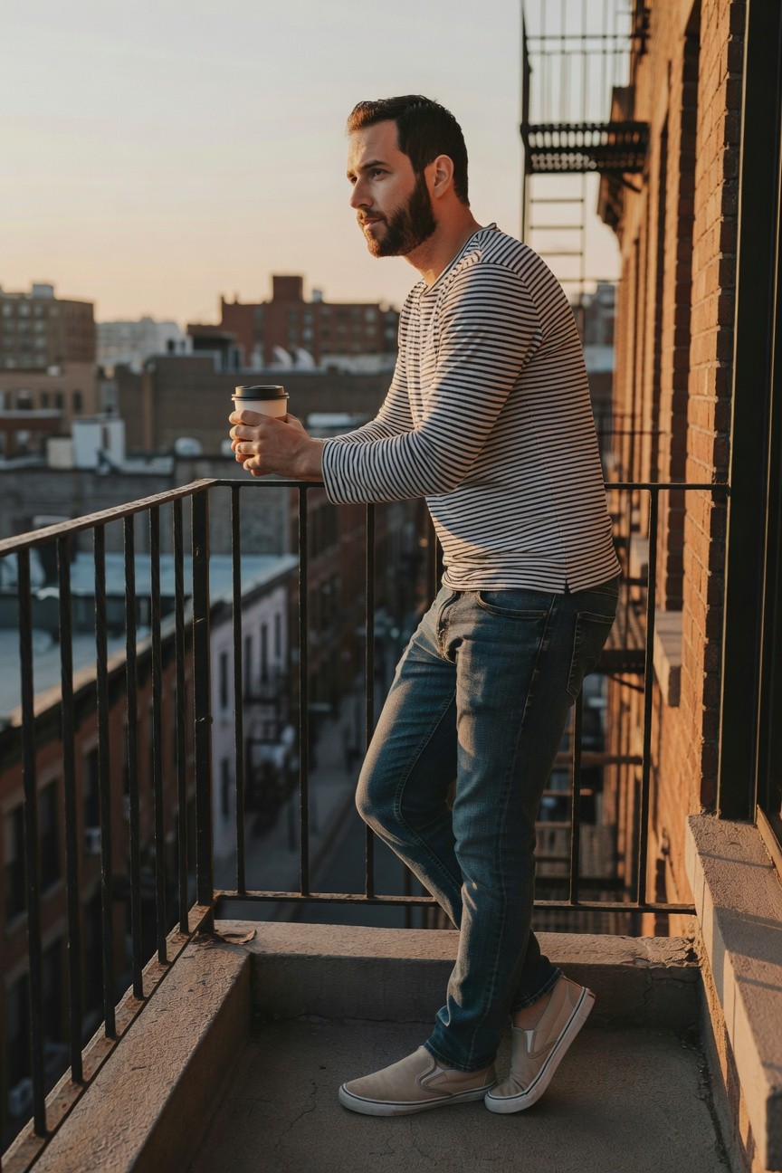 Man leaning on balcony railing wearing gray and white striped long-sleeve shirt, medium blue straight-leg jeans, beige slip-on sneakers, holding a coffee cup, side profile view