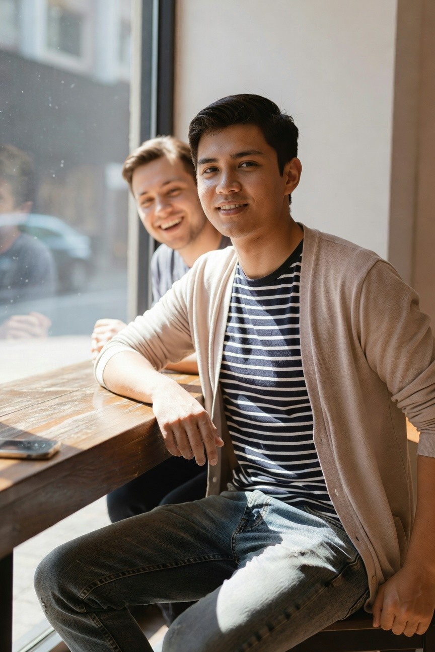 Two young men smiling in a cafe by a window, foreground man wearing open beige cardigan over navy striped t-shirt tucked into dark ripped jeans, leaning on wooden table with phone nearby, casual layered jeans outfit
