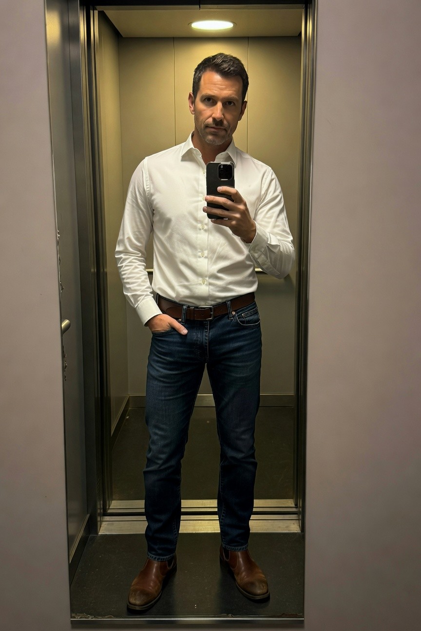 Man taking elevator selfie in white long-sleeve button-down shirt, dark blue slim jeans, brown leather belt, and brown leather ankle boots, hands in pockets casually posed