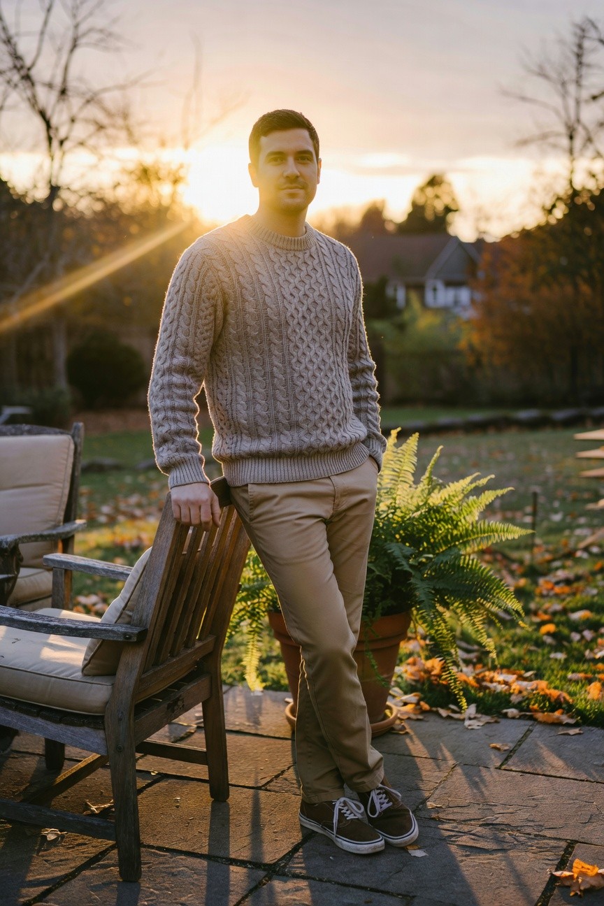 Man leaning on wooden Adirondack chair wearing light gray cable-knit sweater, khaki chinos, and brown sneakers with hands in pockets