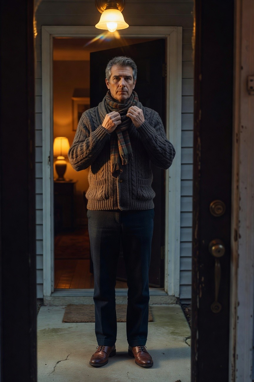 Man adjusting plaid scarf over gray cable knit sweater, wearing dark trousers and brown brogues in a doorway setting