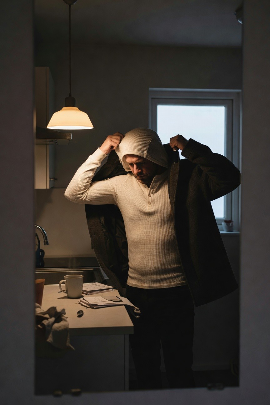 Man in cream long-sleeve waffle knit shirt and black pants layering on a dark hooded wool coat in front of a mirror, warm indoor lighting highlights the textures and fit