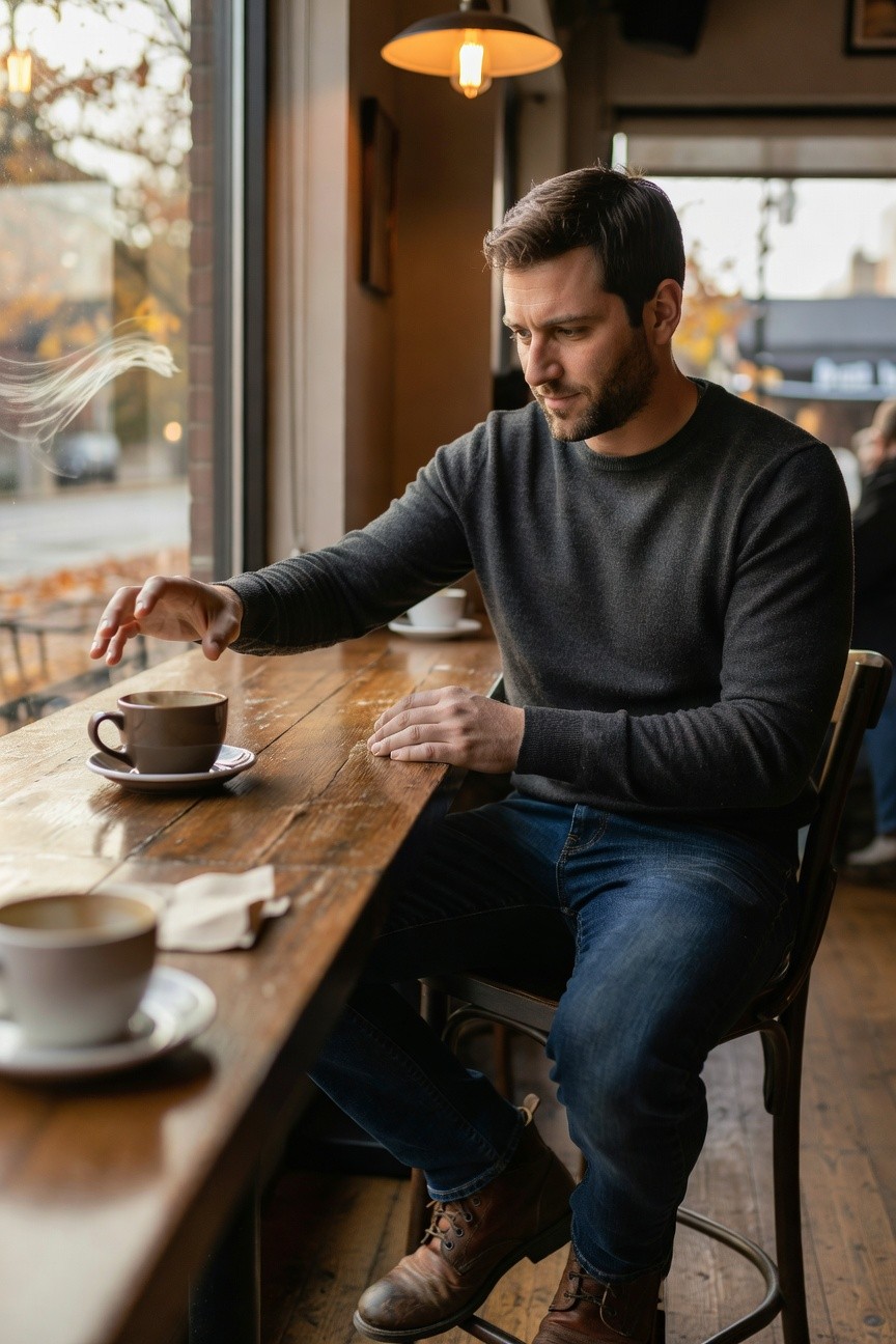 Man in charcoal gray crewneck knit sweater, dark blue jeans, and brown leather boots, seated at a wooden table with hands near coffee cups