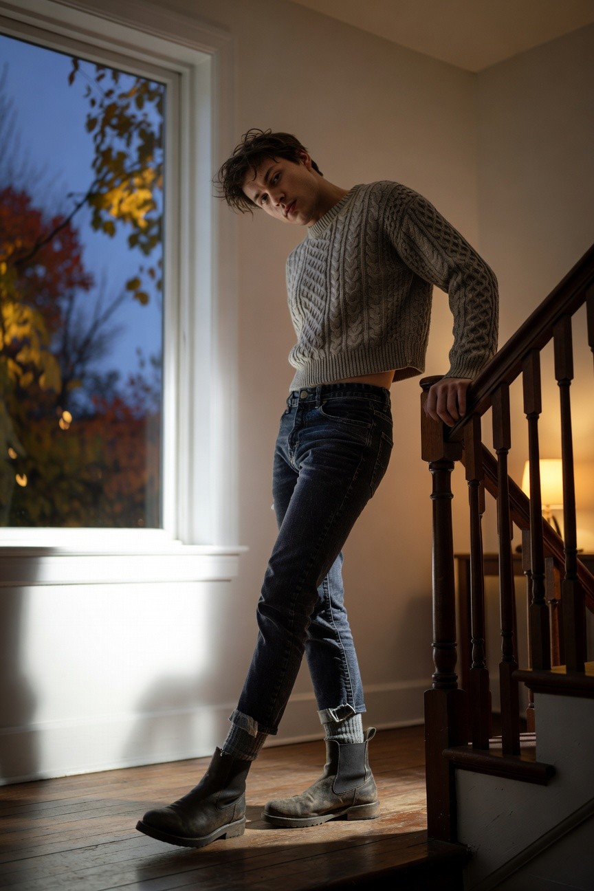 Young man leaning on wooden staircase railing in cropped light gray cable-knit sweater exposing midriff, slim dark blue cuffed jeans, gray socks, and black leather Chelsea boots on hardwood floor indoors