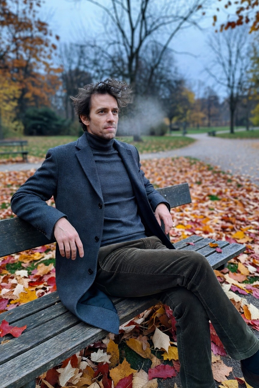 Man in deep navy wool coat over black turtleneck sweater, olive corduroy pants, and dark shoes, sitting casually with one leg crossed on a wooden bench surrounded by fallen leaves