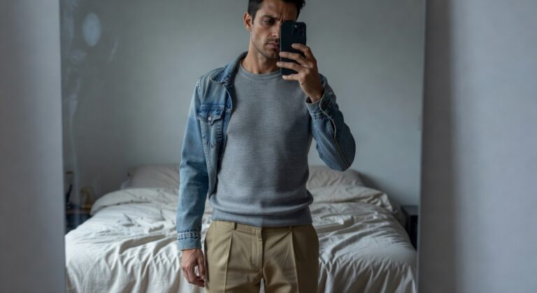 Man taking mirror selfie in bedroom wearing gray crewneck sweater with blue denim lower sleeves and cuffs, beige slim trousers, hands in pockets, neutral expression