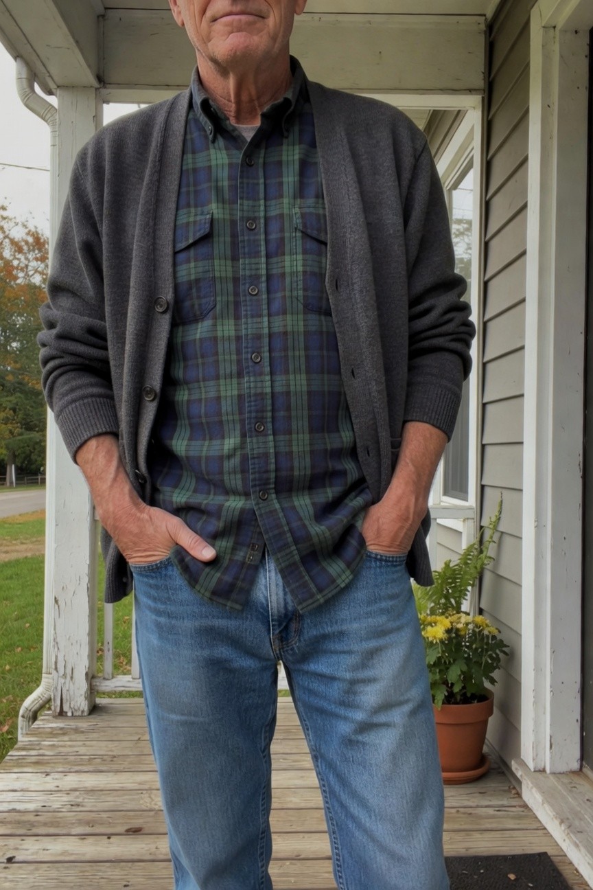 Mature man in open gray knit cardigan layered over green and blue plaid button-up shirt with straight blue jeans, hands in pockets, casual fall outfit on porch