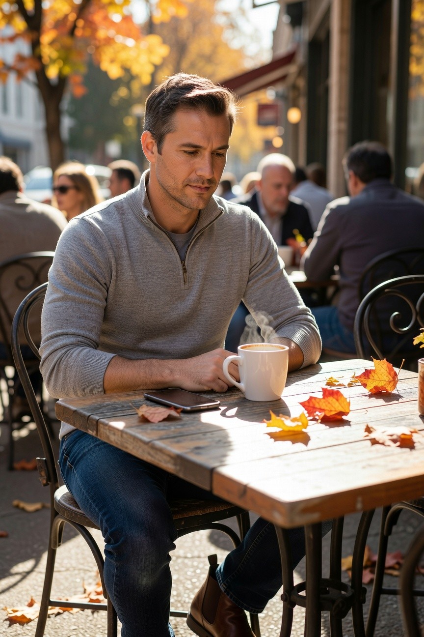 A man sits at an outdoor cafe table wearing a light gray quarter-zip knit sweater, slim dark blue jeans, and brown leather boots, holding a white coffee mug with a phone on the wooden table scattered with autumn leaves.