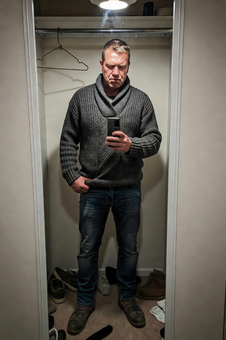 Man in open closet wearing thick gray shawl collar knit sweater, dark blue distressed straight-leg jeans, and brown leather work boots, one hand in pocket holding phone selfie-style