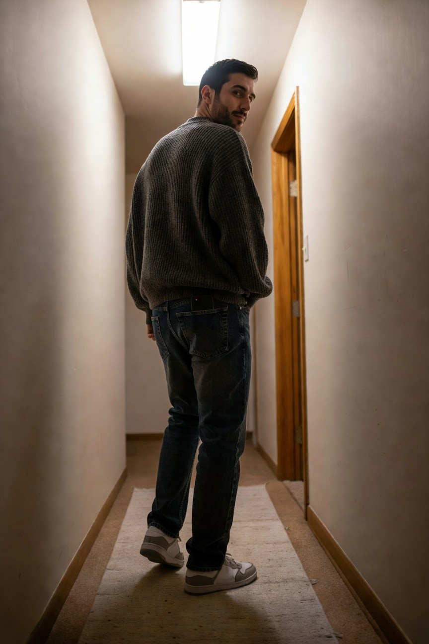Back view of a man in a loose gray knit sweater, faded blue straight-leg jeans, and white sneakers with gray accents, standing in a hallway with hands near pockets