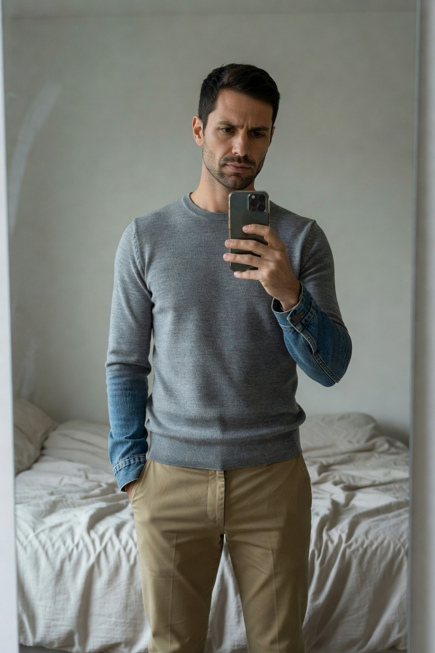 Man taking mirror selfie in bedroom wearing gray crewneck sweater with blue denim lower sleeves and cuffs, beige slim trousers, hands in pockets, neutral expression