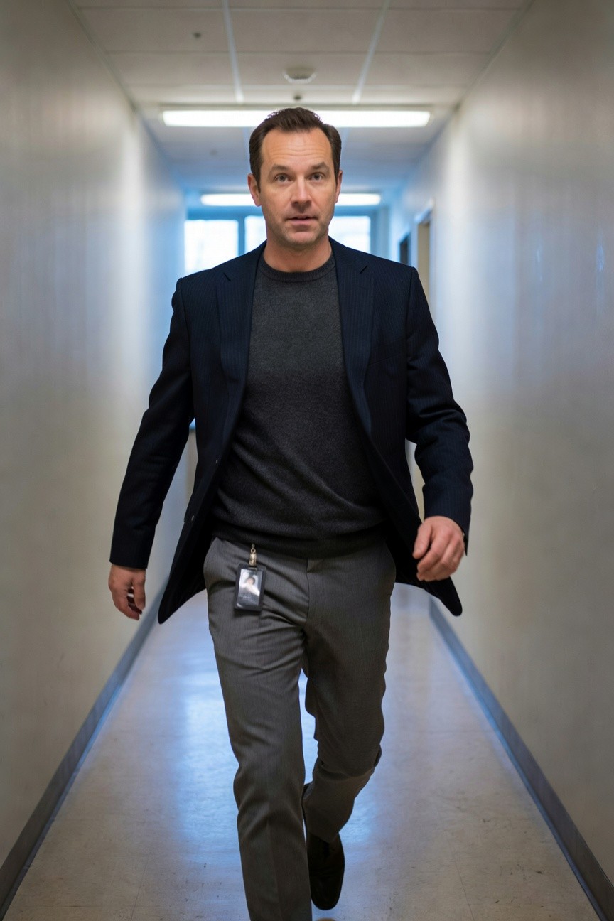 Man in navy blazer over grey crewneck sweater, grey trousers, black shoes, and ID badge lanyard, walking down office hallway