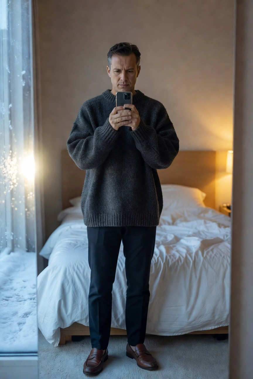 Man standing in modern bedroom wearing oversized gray knit sweater, black slim trousers, and brown leather loafers, holding smartphone and looking down at it thoughtfully