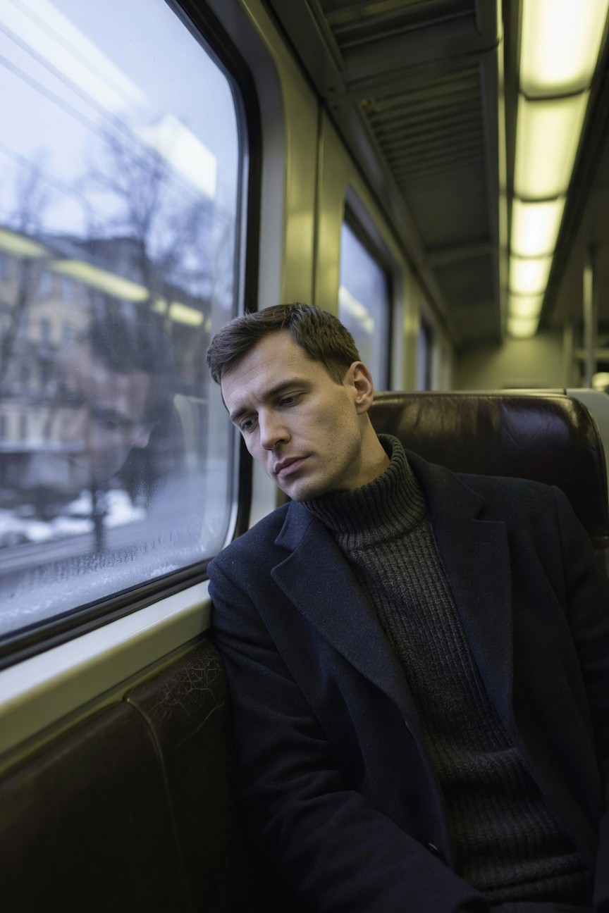 Man in navy wool overcoat layered over grey cable-knit turtleneck sweater and dark trousers, seated in train with contemplative expression looking out window