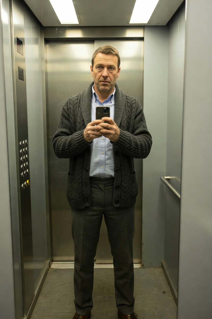 Man in gray cable-knit cardigan over light blue button-down shirt, gray trousers, and brown leather shoes, standing in a modern elevator holding a smartphone selfie-style