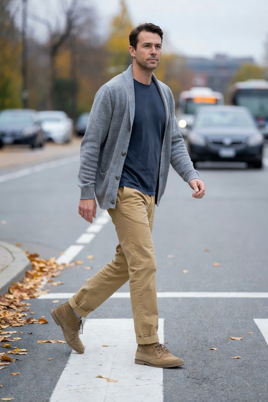 Man walking across street in open gray cardigan over navy t-shirt, khaki chinos cuffed at ankles, tan suede chukka boots, neutral fall outfit