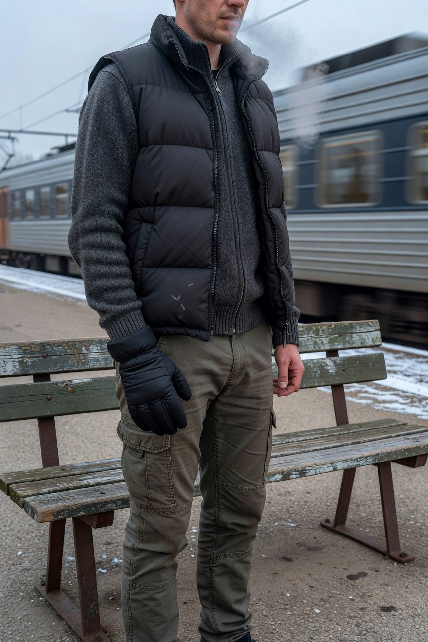 Man in black puffer vest over gray sweater, olive cargo pants, black gloves, and boots standing by a bench on a train platform