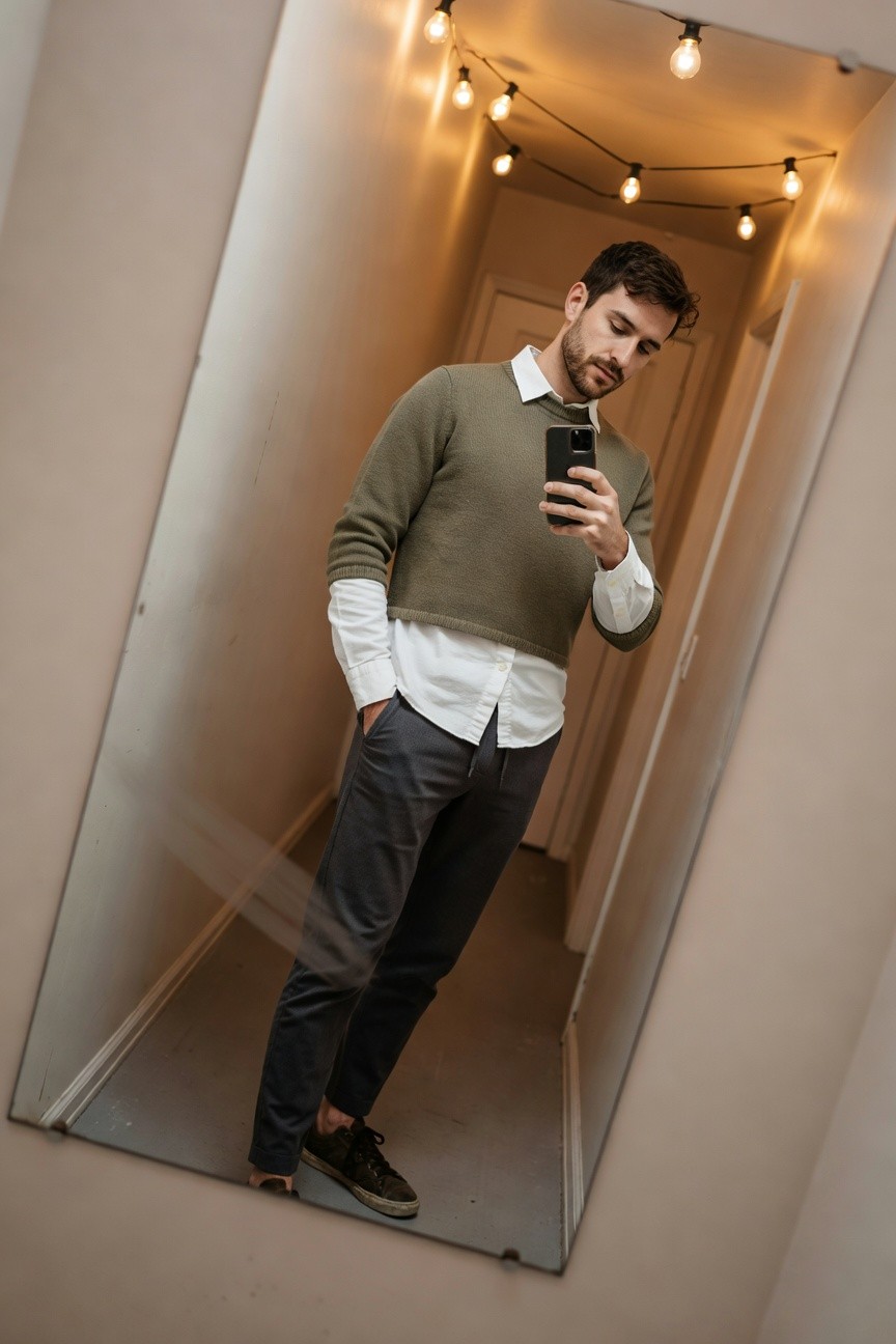 Man taking mirror selfie in olive green knit sweater layered over white collared dress shirt with cuffs visible, relaxed gray trousers, and black sneakers, standing in neutral hallway