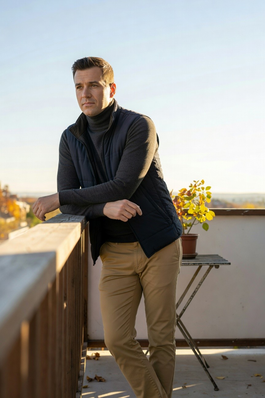 Man in charcoal turtleneck sweater layered under navy quilted vest, paired with slim khaki chinos, leaning casually on a wooden railing