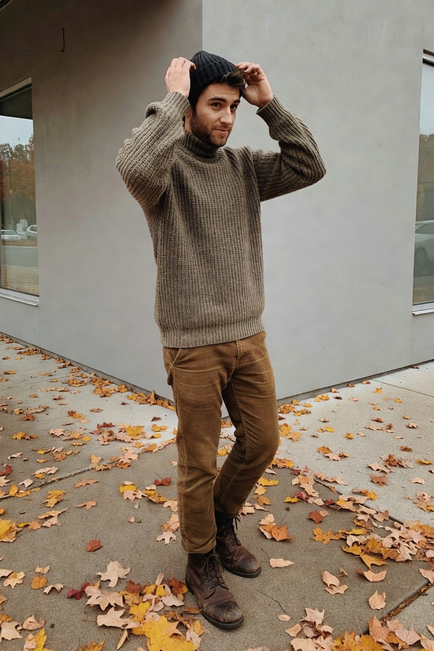 Man in gray chunky knit turtleneck sweater, brown corduroy cargo pants, black beanie, and brown leather boots, posing with hands on head against a concrete wall