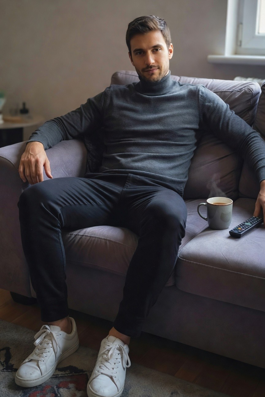 A man sits on a gray sofa wearing a fitted gray turtleneck sweater, black slim-fit trousers, and white leather sneakers, holding a gray mug in one hand and a TV remote in the other.