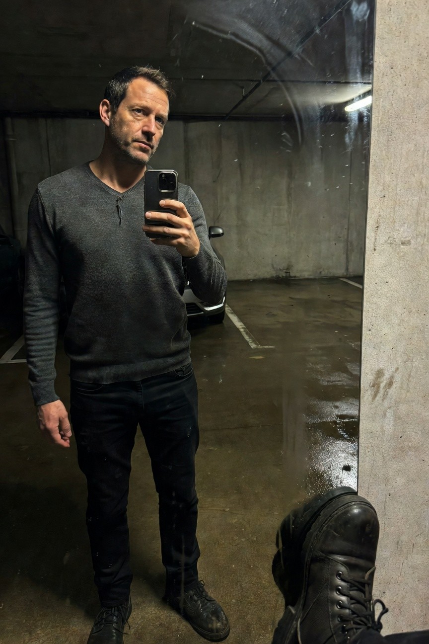 Man taking mirror selfie in gray V-neck sweater, slim black jeans, and black leather boots, standing in concrete parking garage with car nearby