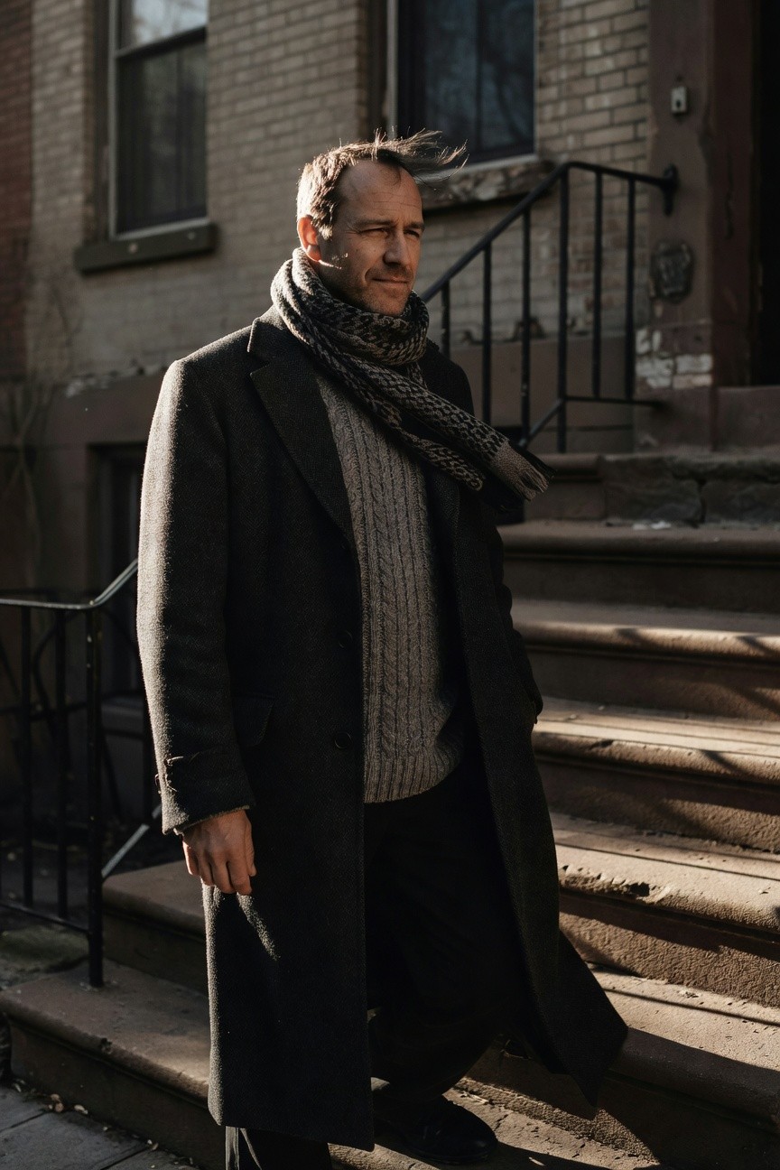 Man standing on brownstone steps in long dark wool overcoat over gray cable-knit sweater, patterned scarf, black trousers, and black boots