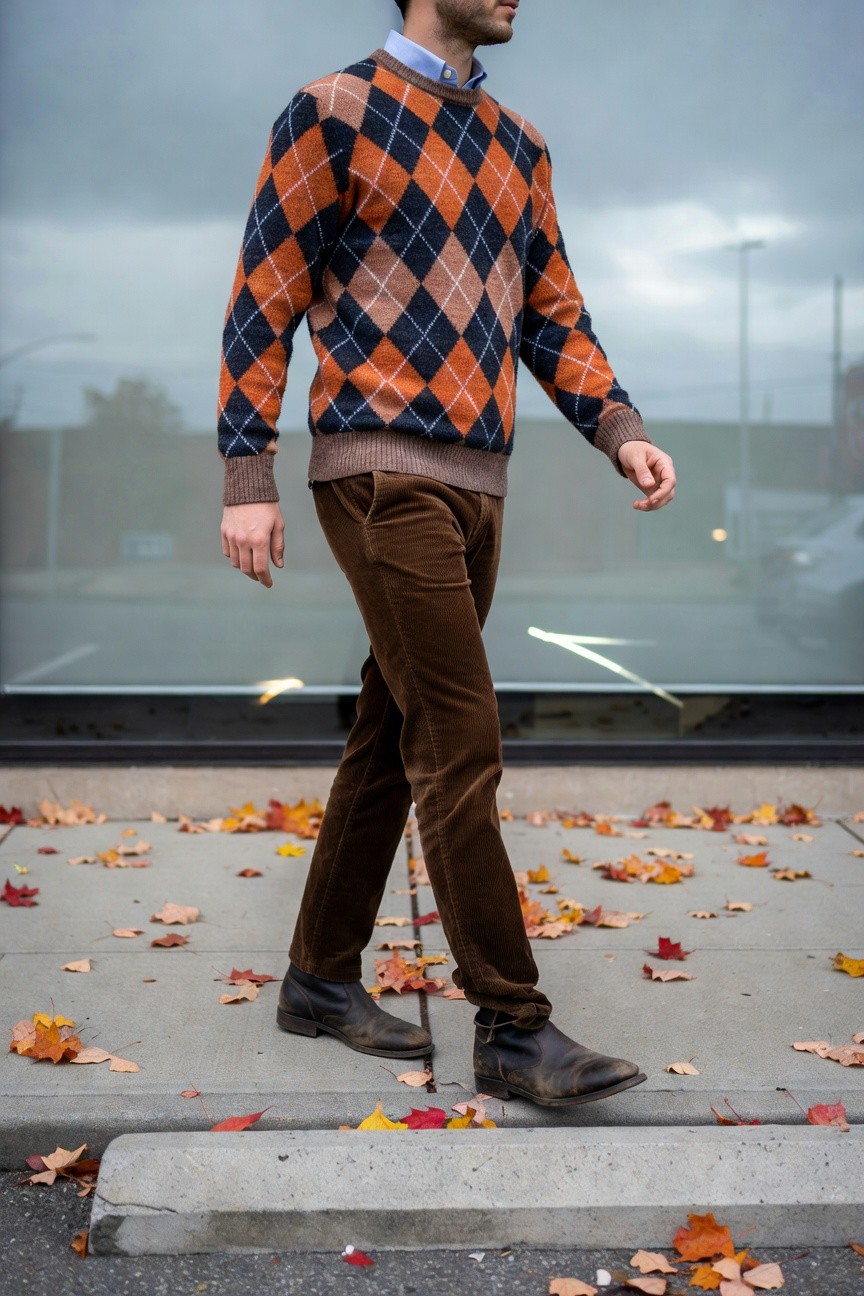 Man in multicolored argyle knit sweater layered over white collared shirt, brown corduroy pants, and dark brown leather boots, side profile walking pose