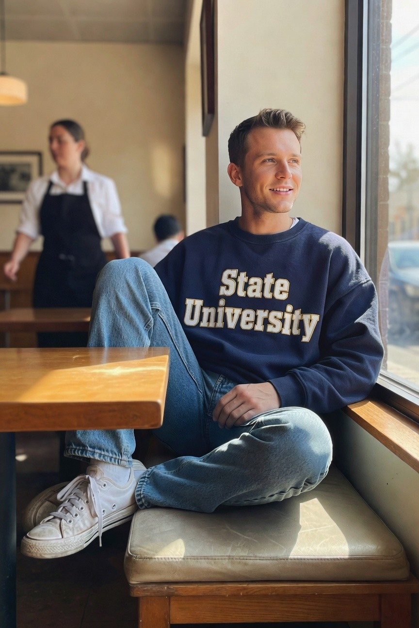Man lounging by window in navy State University sweatshirt, baggy light blue jeans, white Converse sneakers, relaxed seated pose on bench seat