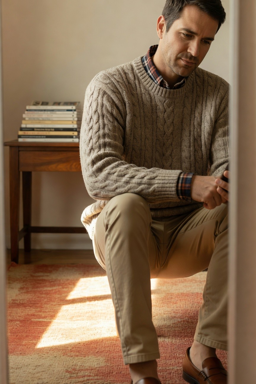 Man sitting casually in cream cable knit sweater layered over red plaid collared shirt, khaki chinos, brown loafers, and wristwatch, evoking 90s retro cool
