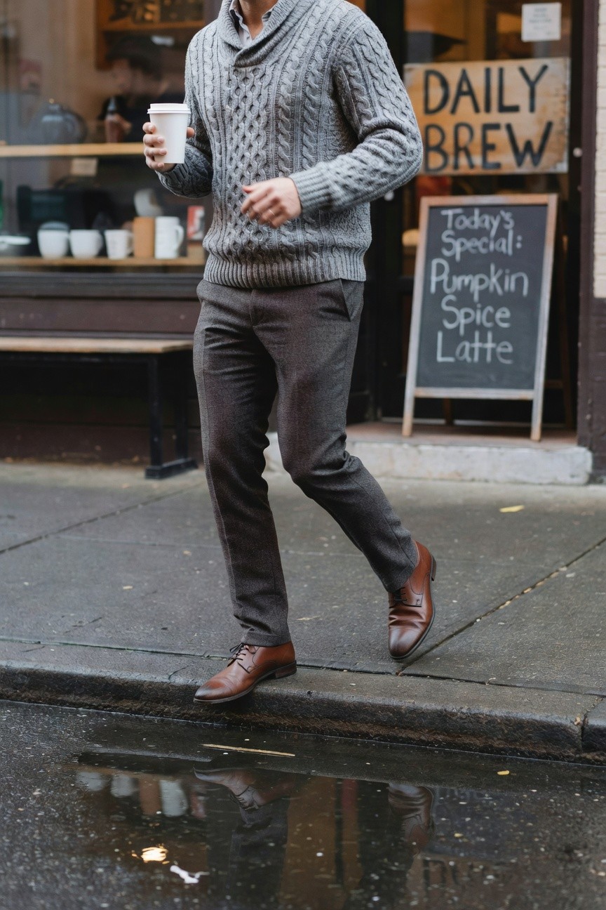 Man in gray cable-knit shawl collar sweater over white collared shirt, slim gray wool trousers, and brown leather brogues, holding white coffee cup while walking on urban sidewalk near coffee shop sign