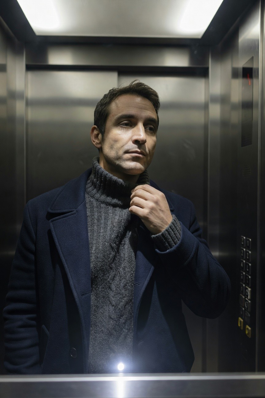 Man in a dimly lit elevator wearing a navy wool overcoat open over a gray cable knit turtleneck sweater, hand adjusting collar, side profile view