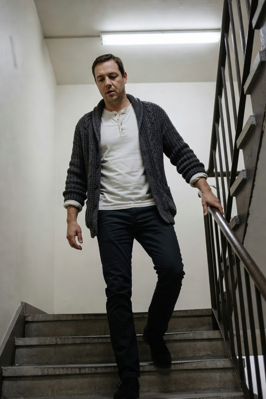 Man in open gray cable-knit cardigan over white button henley shirt, slim navy pants, and black shoes, walking up metal staircase in indoor stairwell