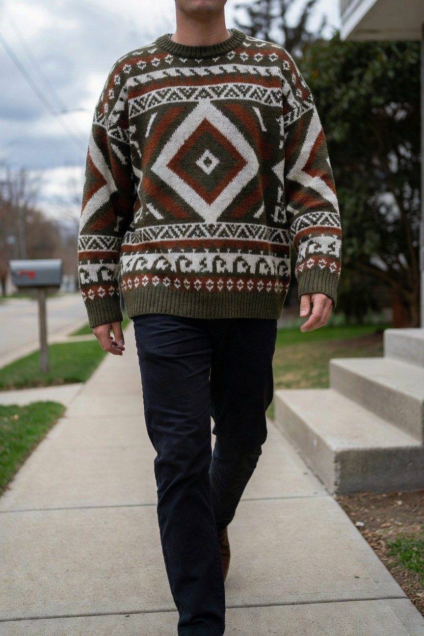 Man wearing oversized green and rust Nordic-patterned chunky knit sweater with black slim pants and brown shoes, standing on sidewalk