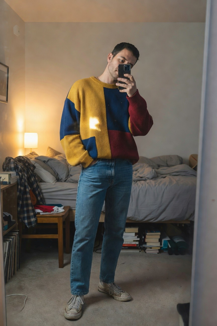 A man stands in a bedroom mirror selfie wearing an oversized color-block sweater in yellow, navy blue, and red panels over light blue straight-leg jeans and white low-top Converse sneakers, hands in pockets for a relaxed 90s casual pose