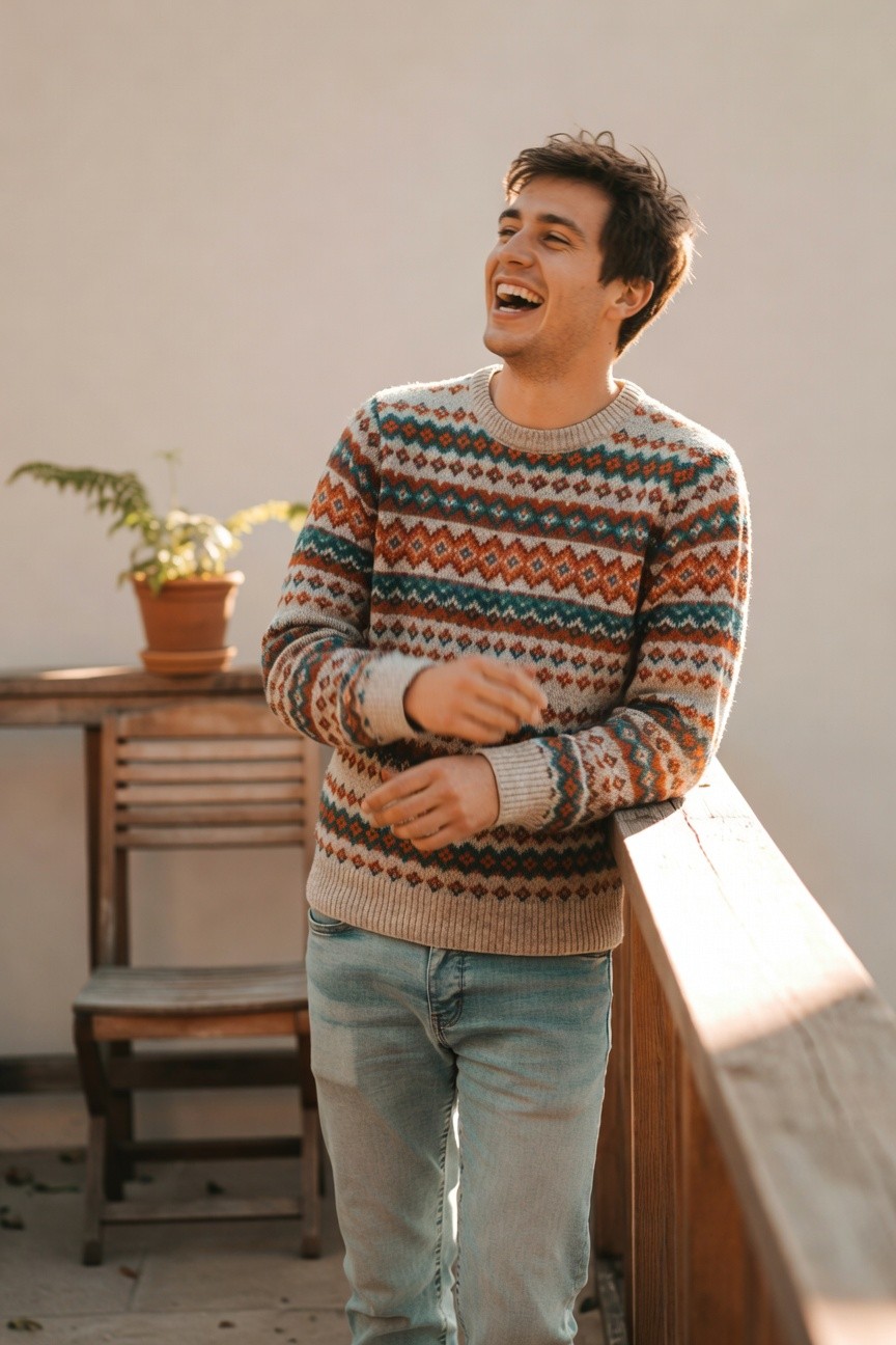 Man smiling on balcony in cream fair isle sweater with multicolored geometric patterns, light wash straight jeans, hands clasped casually