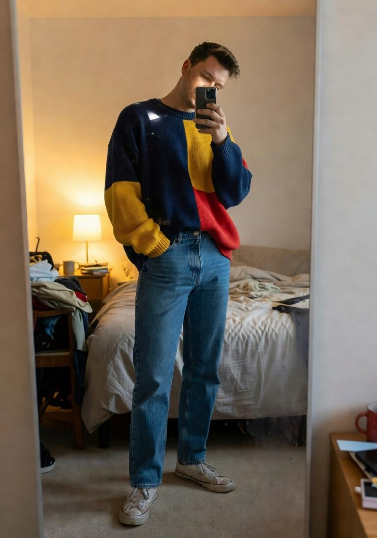 A man stands in a bedroom mirror selfie wearing an oversized color-block sweater in yellow, navy blue, and red panels over light blue straight-leg jeans and white low-top Converse sneakers, hands in pockets for a relaxed 90s casual pose