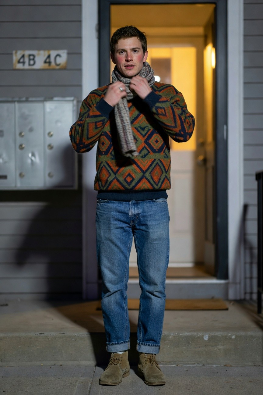 Young man wearing a multicolored geometric diamond-patterned sweater in orange teal and navy, gray knit scarf, slim straight blue jeans with rolled cuffs, and beige suede chukka boots, standing on a doorstep at night